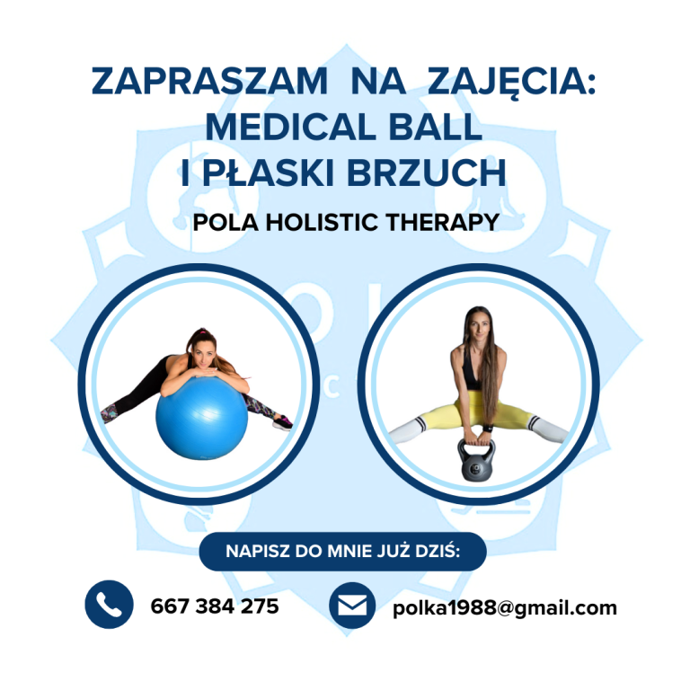 Grafika reklamowa w języku polskim dla "POLA HOLISTIC THERAPY" zapraszająca na zajęcia **"MEDICAL BALL I PŁASKI BRZUCH"**. Zawiera dwa okrągłe zdjęcia: po lewej kobieta opierająca się o dużą, niebieską piłkę gimnastyczną (medical ball), a po prawej kobieta wykonująca przysiad z kettlebellem, w szerokim rozkroku. Na dole podane są dane kontaktowe: numer telefonu i adres e-mail.
